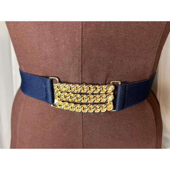 Vintage Accessories - stretch belt triple chain clasp vintage 1980s navy gold